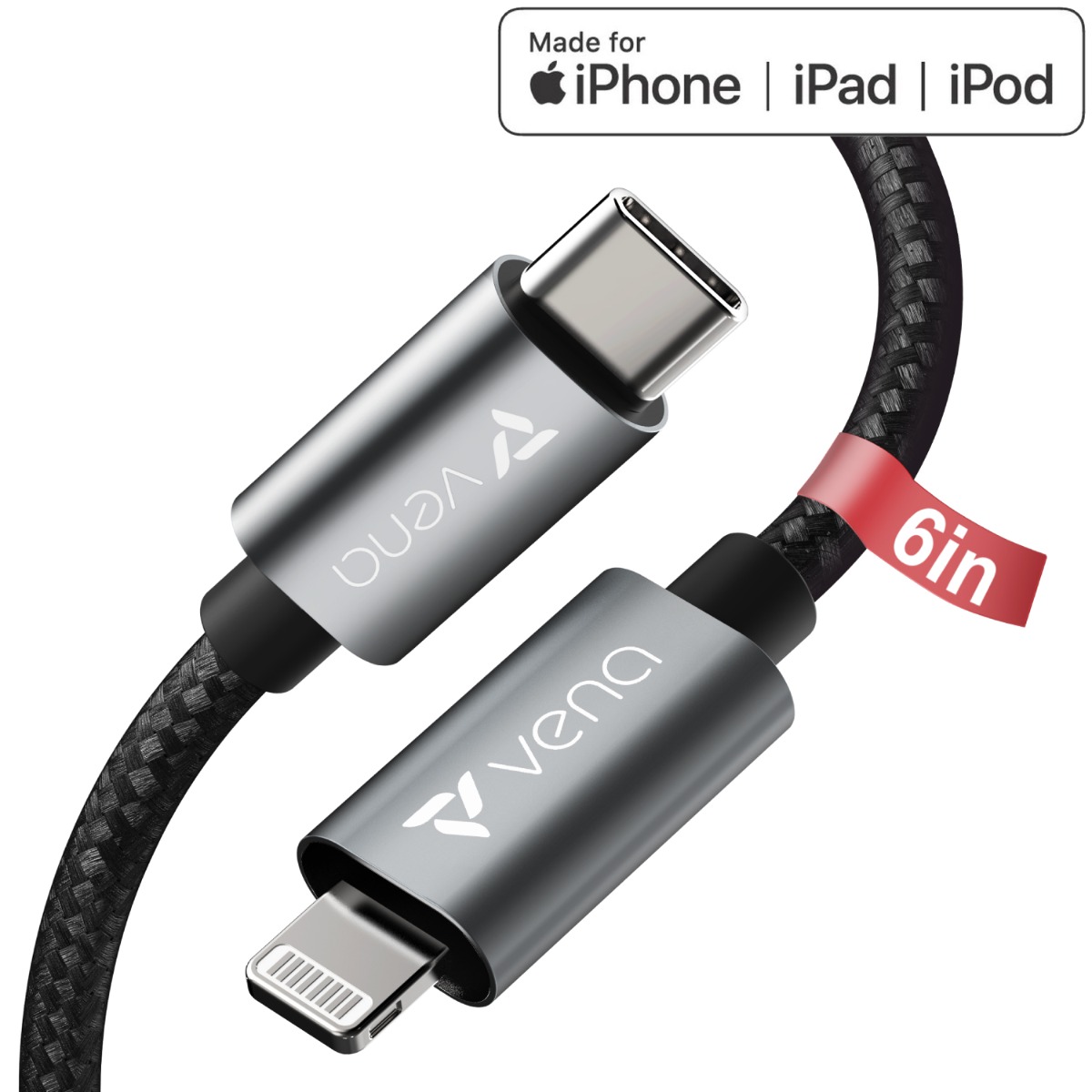  VENA Cable USB C a Lightning, 10 pies (certificado Apple MFI)  18 W, carga rápida, carga rápida, cargador Apple trenzado de nailon  compatible con iPhone 14/13/12/12 Mini/12 Pro/11 Pro Max/X/XS/XR/iPad Air 