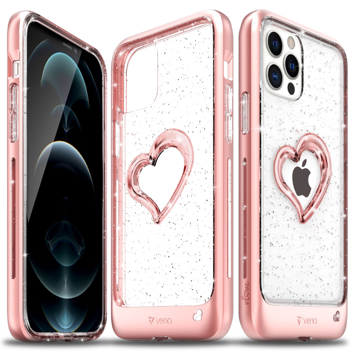 iPhone 12 iPhone 12 Pro 6.1 Pink Glitter Waterfall Liquid Floating Hearts  Case